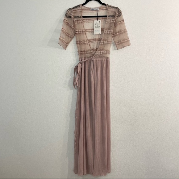 Zara Knit & Lace Wrap Dress Long Blush Pink Semi-Sheer V-Neck Size Small - Picture 3 of 16